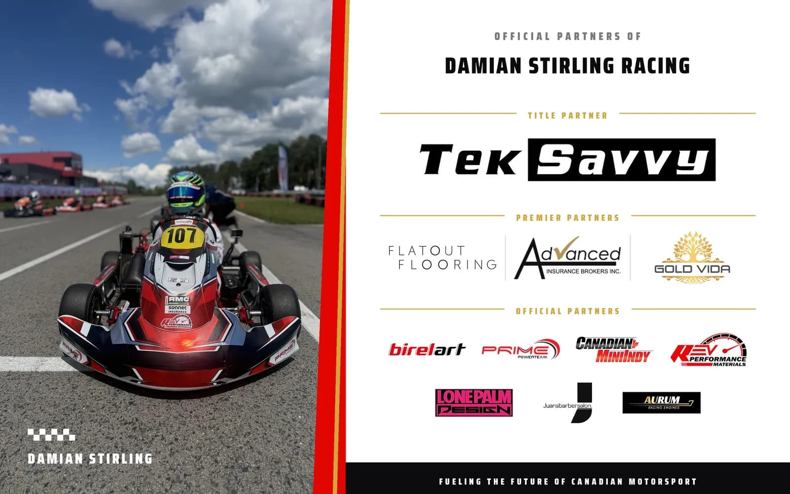 Damian on the grid with every partner logo